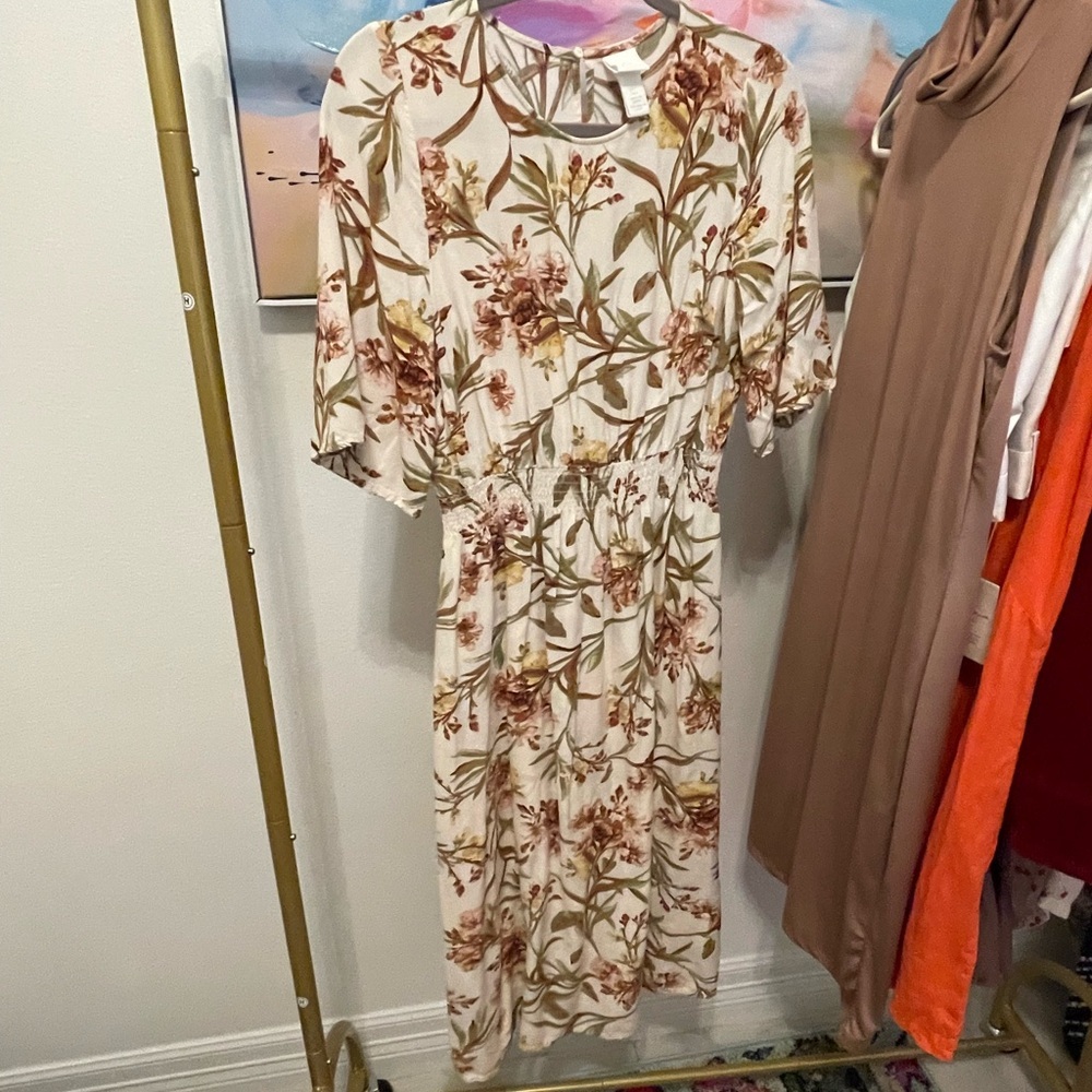 H&M Cream Floral Midi Dress Cottagecore Spring Summer